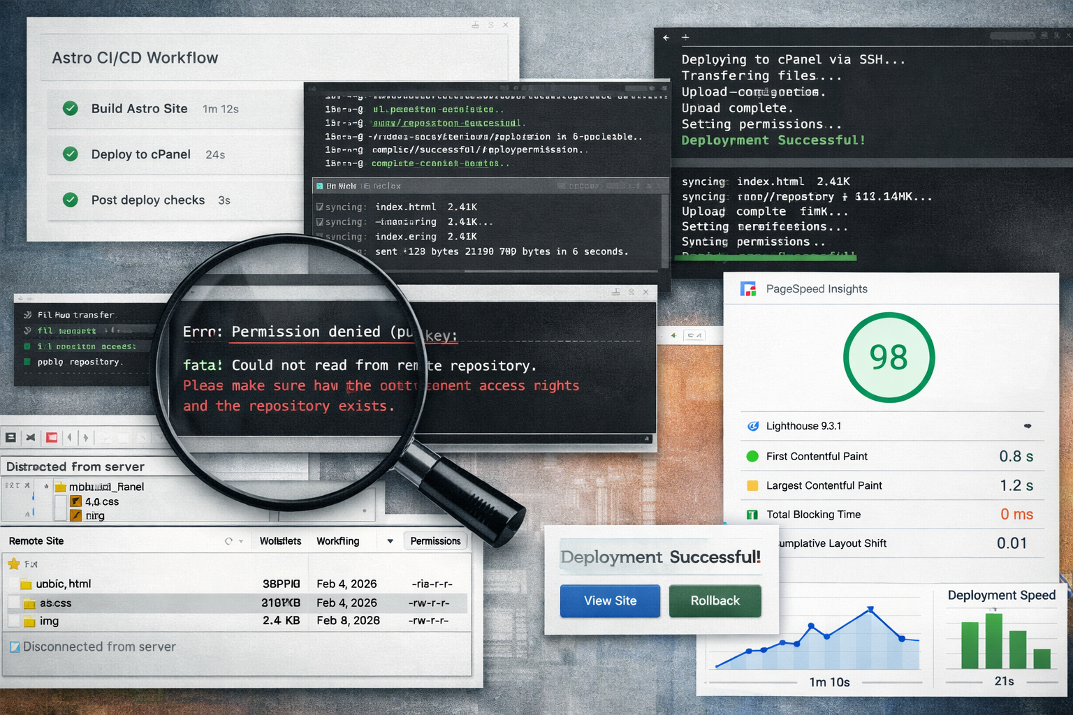 A collage representing build pipelines, deployment logs, and performance measurements.
