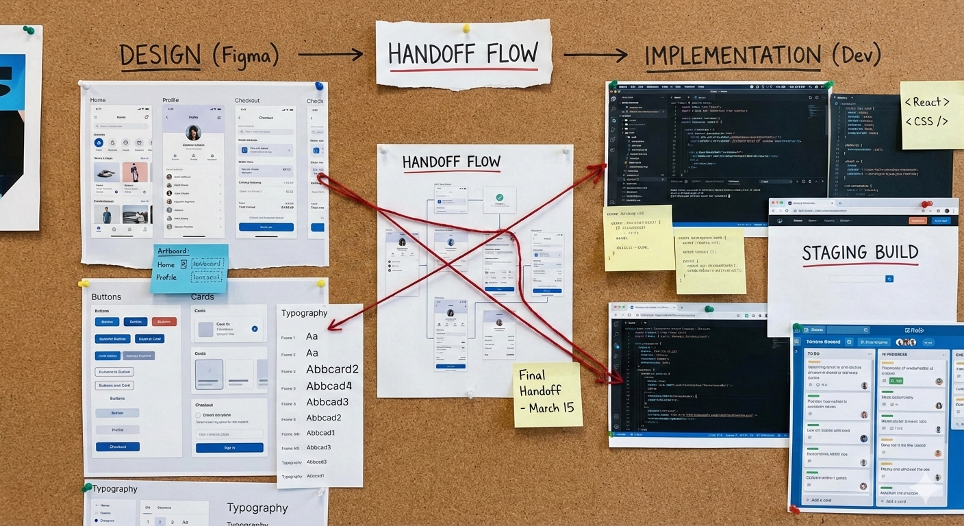 A collage representing UI handoff—Figma frames, components, and implementation states.