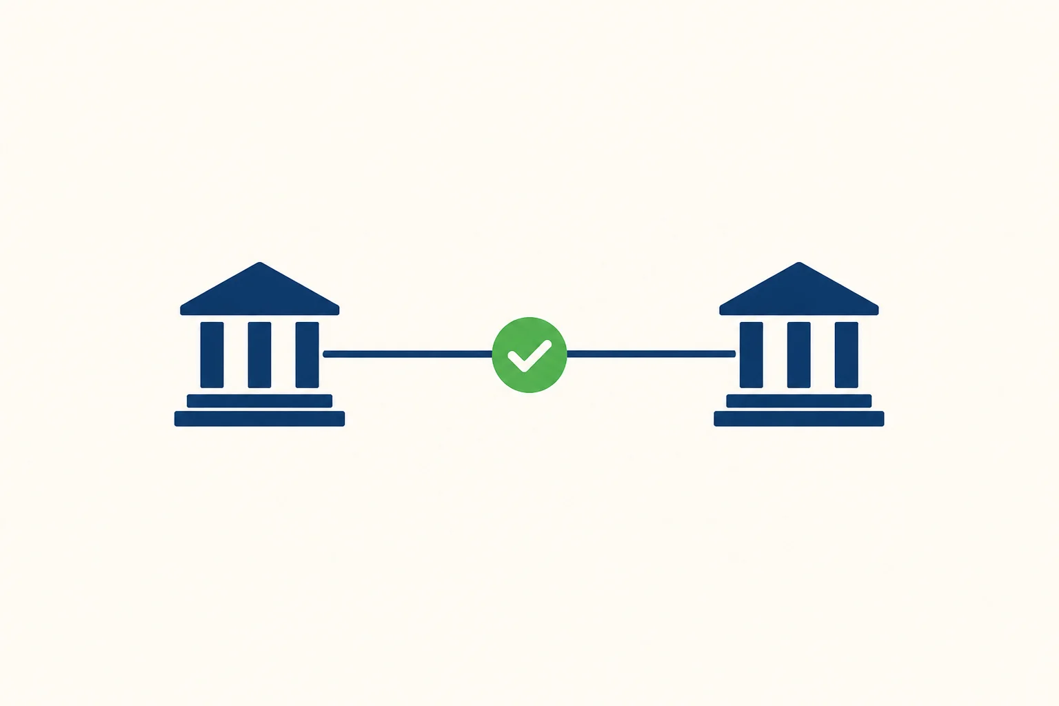 Two banks connected by a line with a green checkmark representing a verified money transfer.