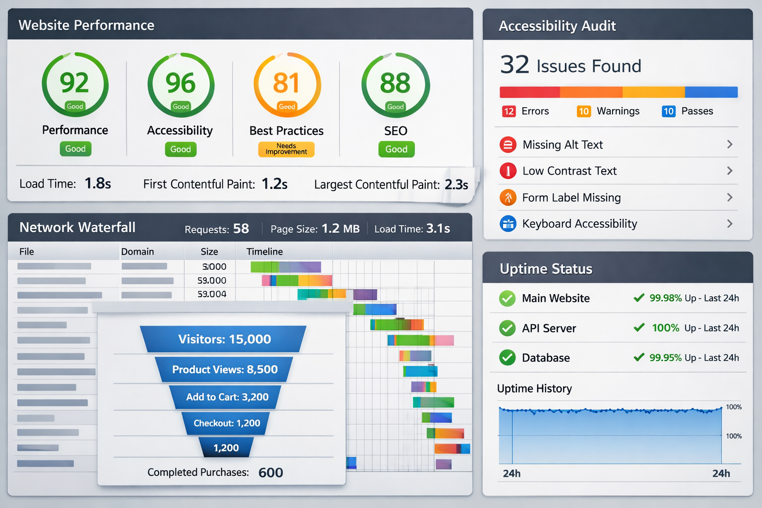 Dashboard-style collage of web measurement tools—performance scores, network waterfall, accessibility audit results, analytics funnels, and uptime status checks.